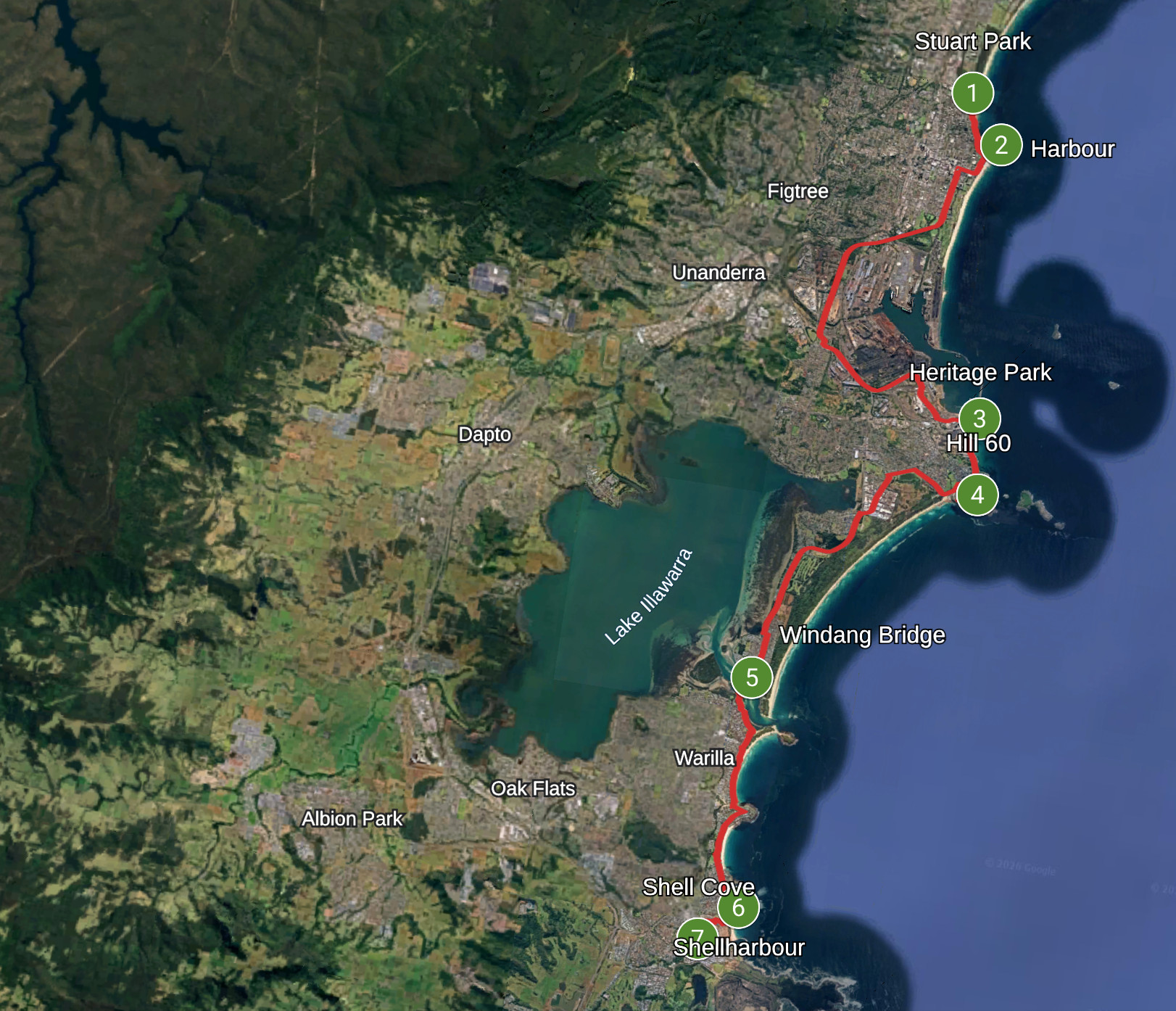 Route map showing the 34.6 km shared coastal pathway from Stuart Park in Wollongong to Shell Cove Marina via Wollongong Harbour, Port Kembla Heritage Park, Hill 60, Windang Bridge and Shellharbour