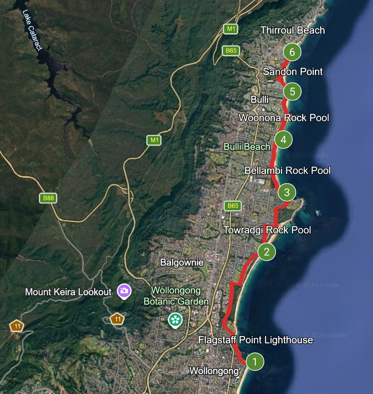 Map of the Wollongong to Thirroul coastal ride with six numbered route highlights
