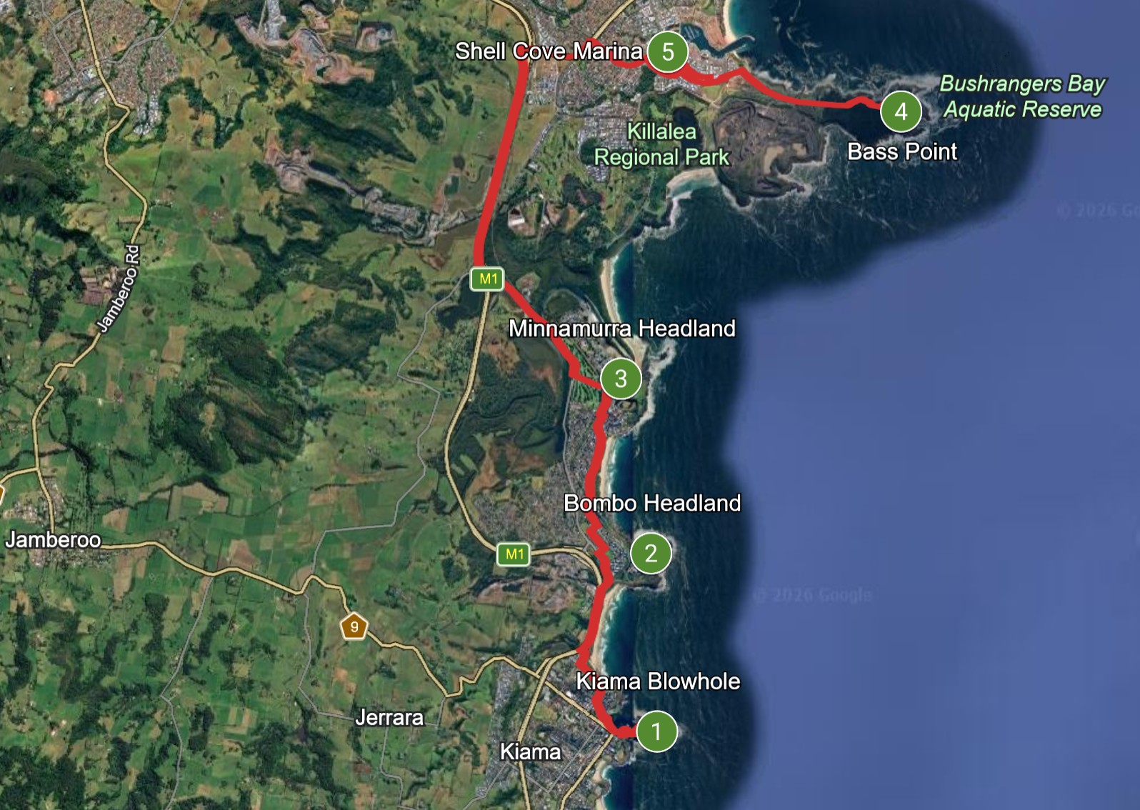 Map of the Kiama to Shellharbour coastal ride showing the route via Kiama Blowhole, Bombo Headland, Minnamurra Headland, Bass Point and Shell Cove Marina.
