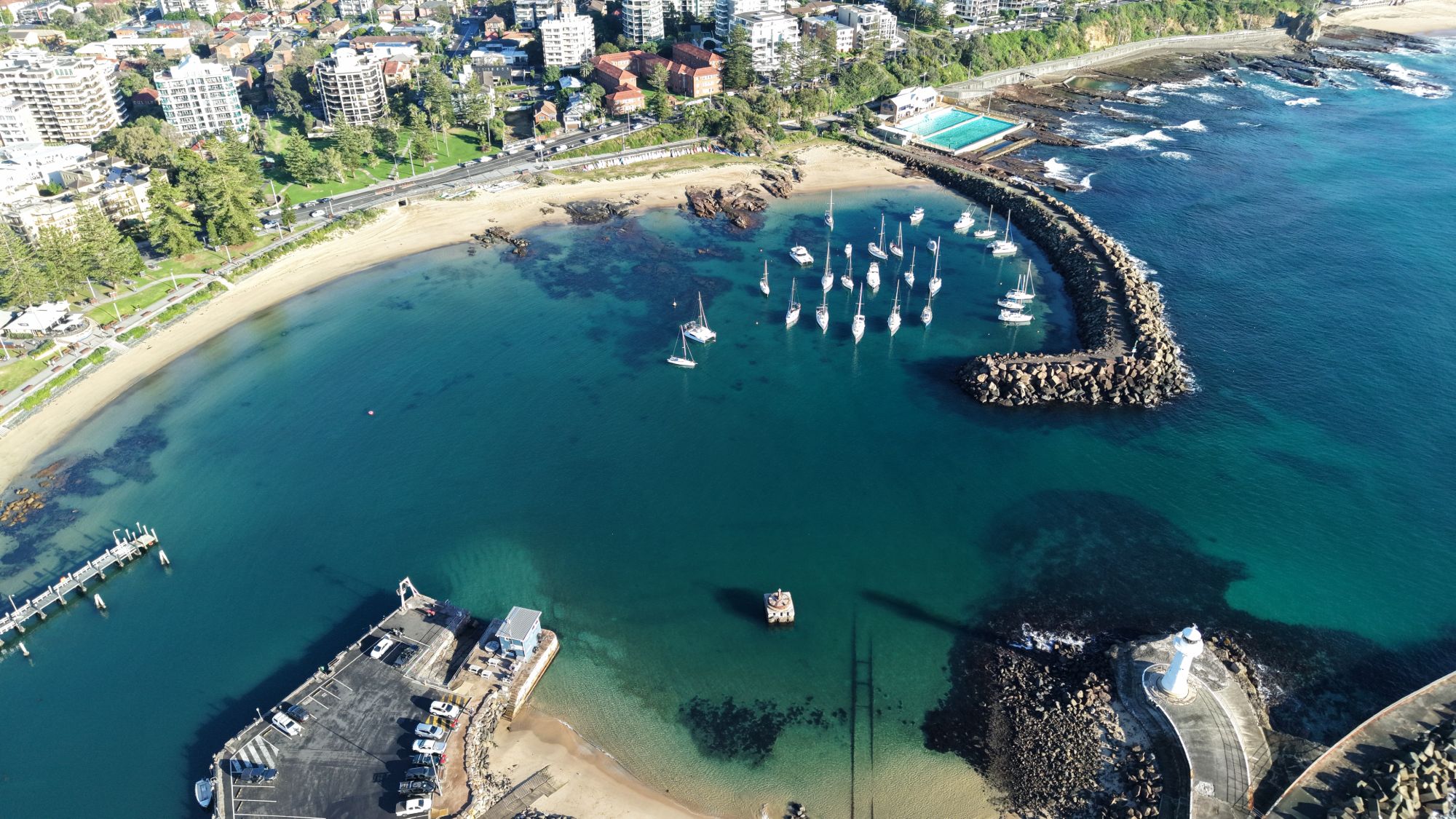 Aerial view of Belmore Basin, the Blue Mile cycleway and Wollongong Harbour on the Wollongong to Thirroul ebike ride.