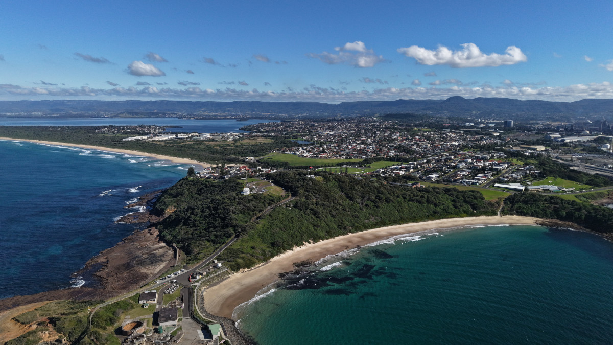 Aerial view of Hill 60 overlooking Port Kembla, beaches and the Wollongong coastline on the Wollongong to Shellharbour ebike ride