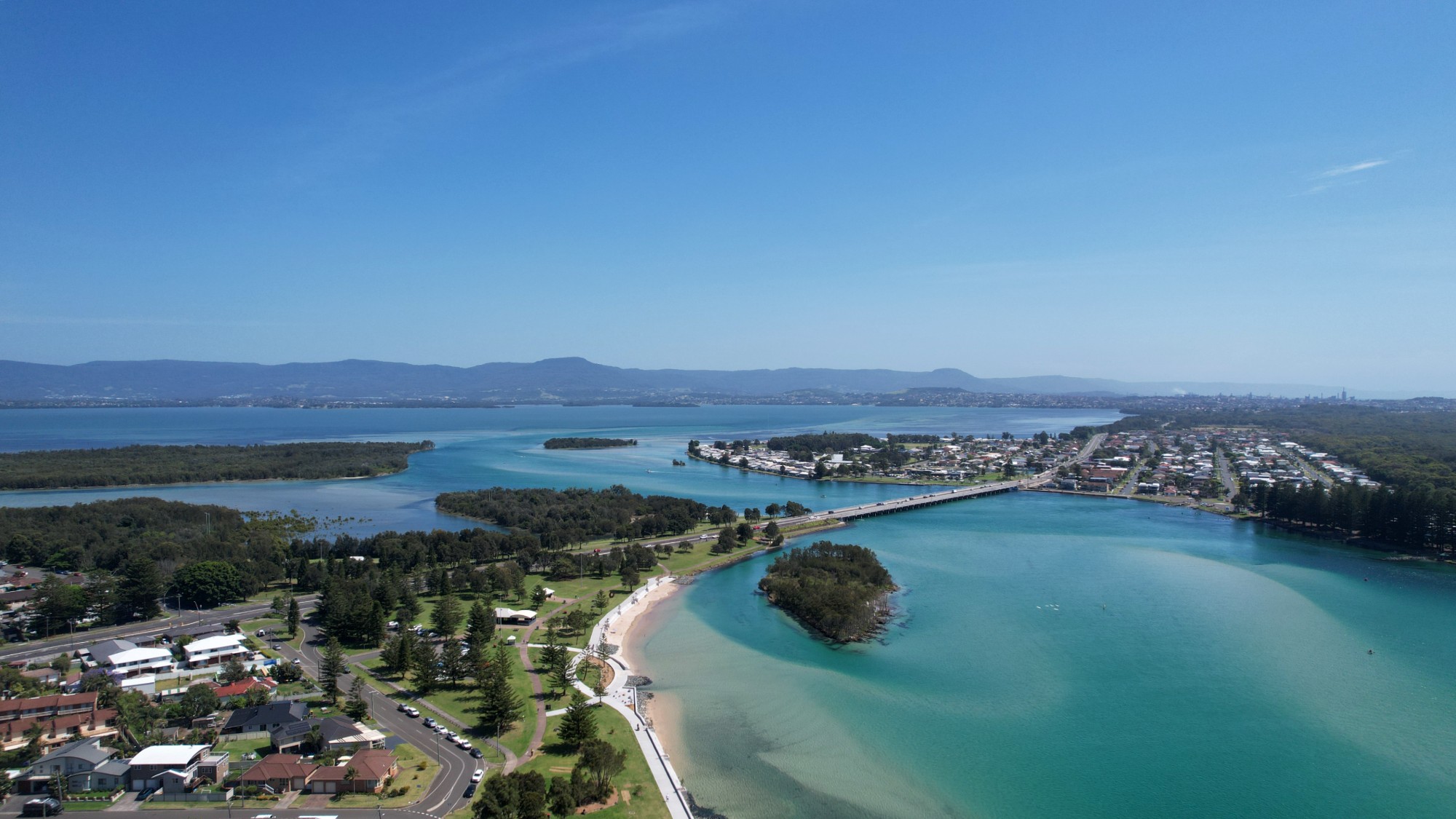 Aerial view of Lake Illawarra and Reddall Reserve on the Illawarra coastline