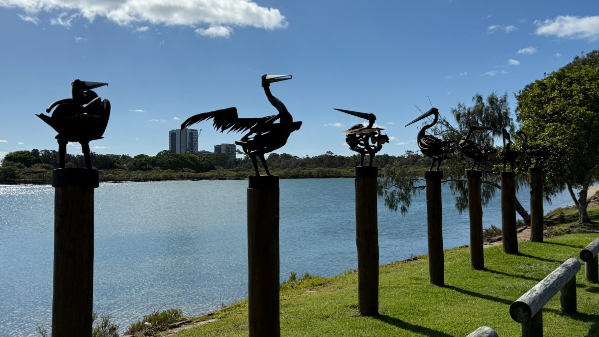Metal bird sculptures beside Currumbin Creek on the Gold Coast