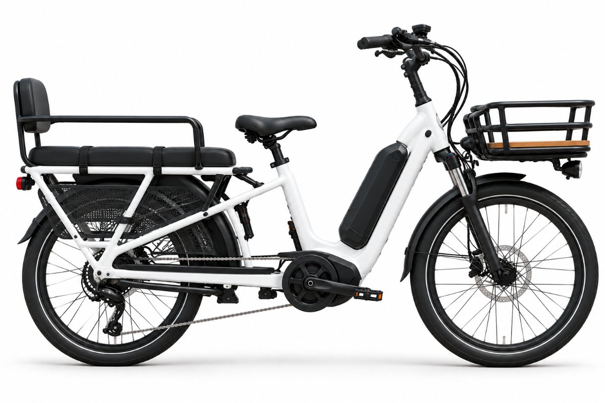 Cargo ebike with passenger seating and front cargo rack