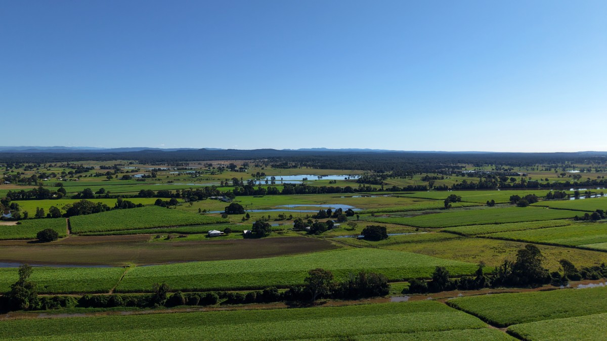 Green farmland and waterways across the Northern Rivers hinterland in North Coast NSW