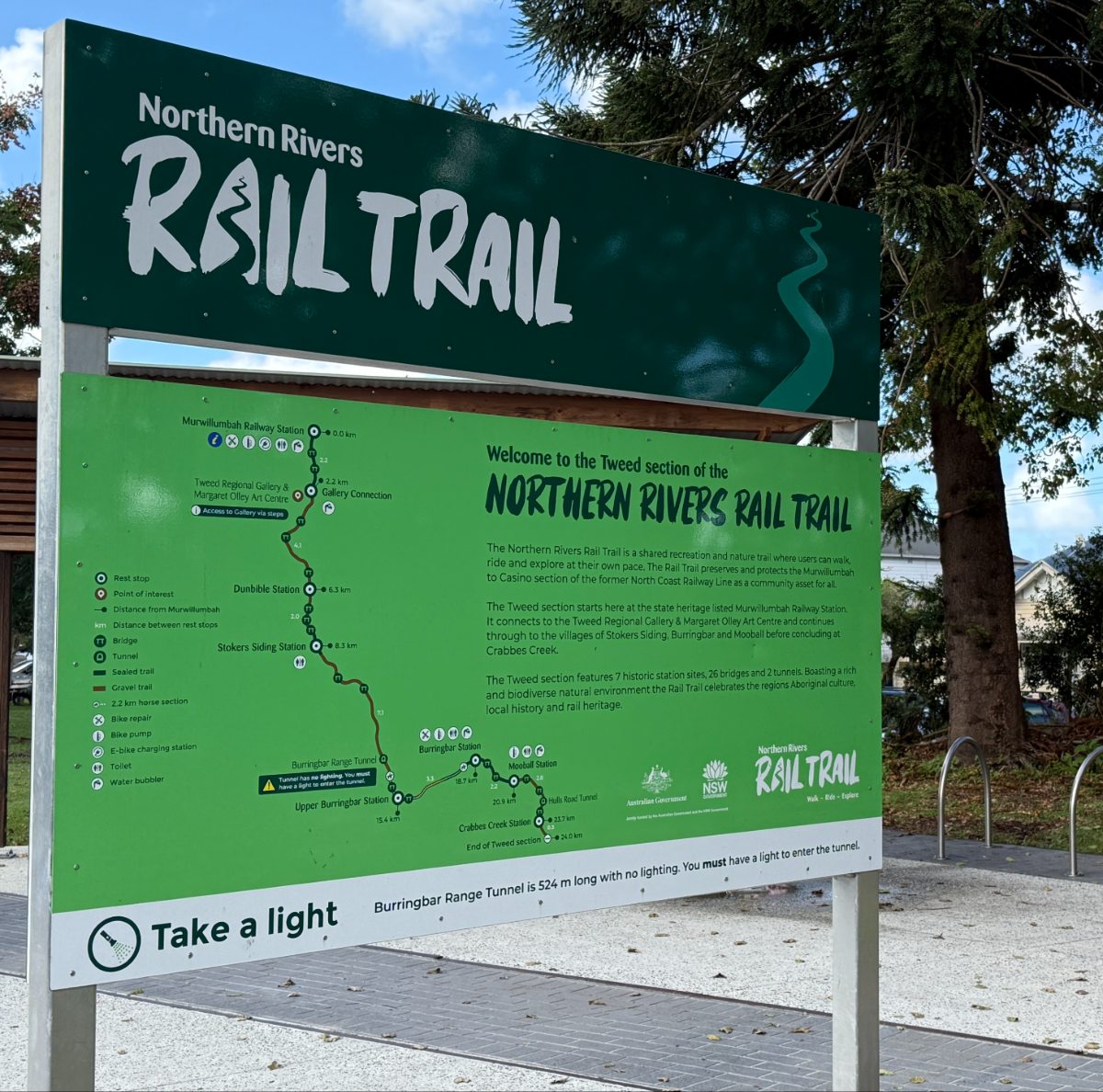 Northern Rivers Rail Trail information sign at Murwillumbah in North Coast NSW