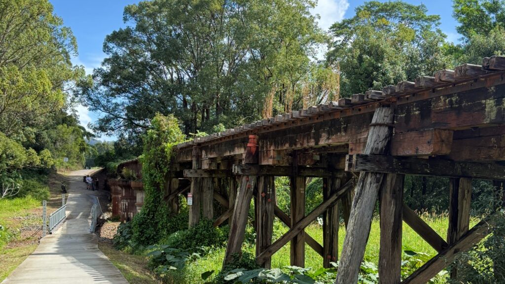 Old timber railway bridge beside the Northern Rivers Rail Trail