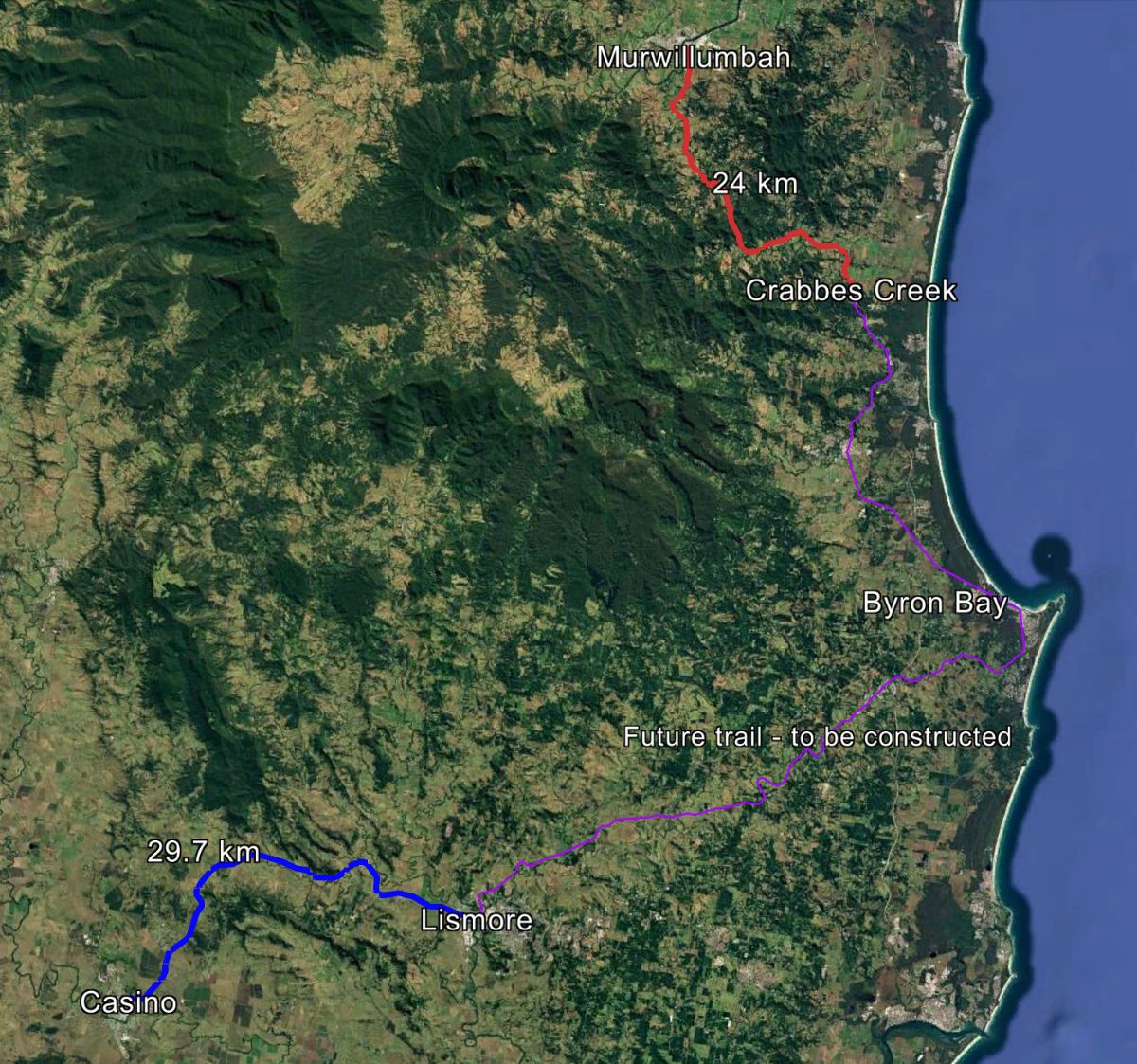 Map of the Northern Rivers Rail Trail from Murwillumbah to Casino via the Northern Rivers, NSW