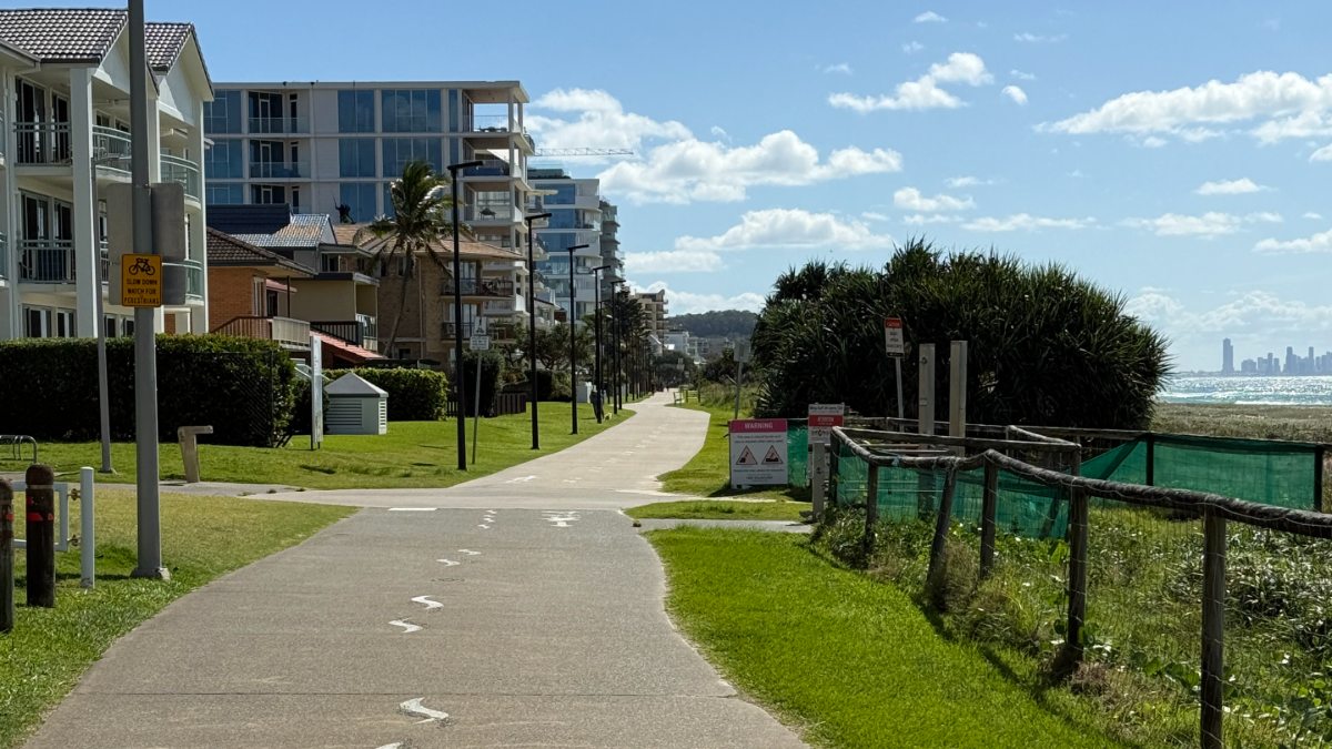 Shared coastal path between Bilinga and Tugun with the Gold Coast skyline in the distance