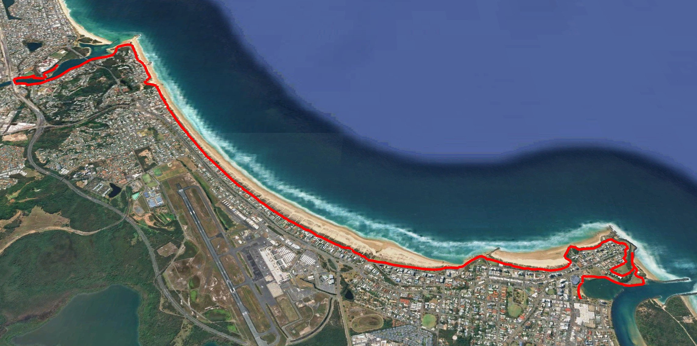 Map of the 14.5 km one way ebike route from Tweed Heads to Currumbin Creek via Coolangatta, Kirra, Bilinga and Tugun