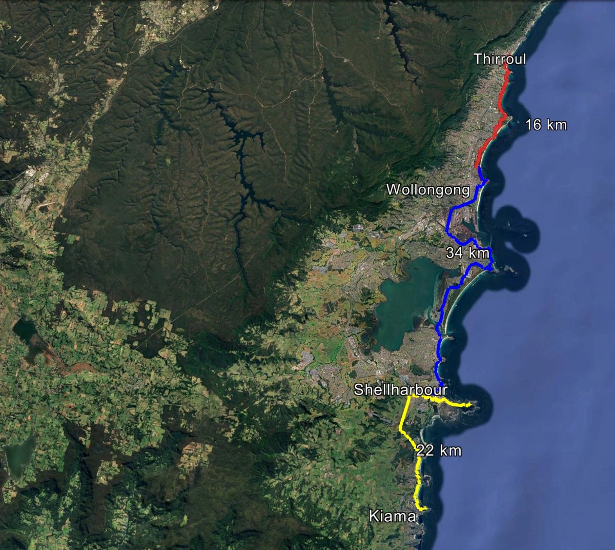 Map showing three connected coastal ebike routes between Thirroul, Wollongong, Shellharbour and Kiama.